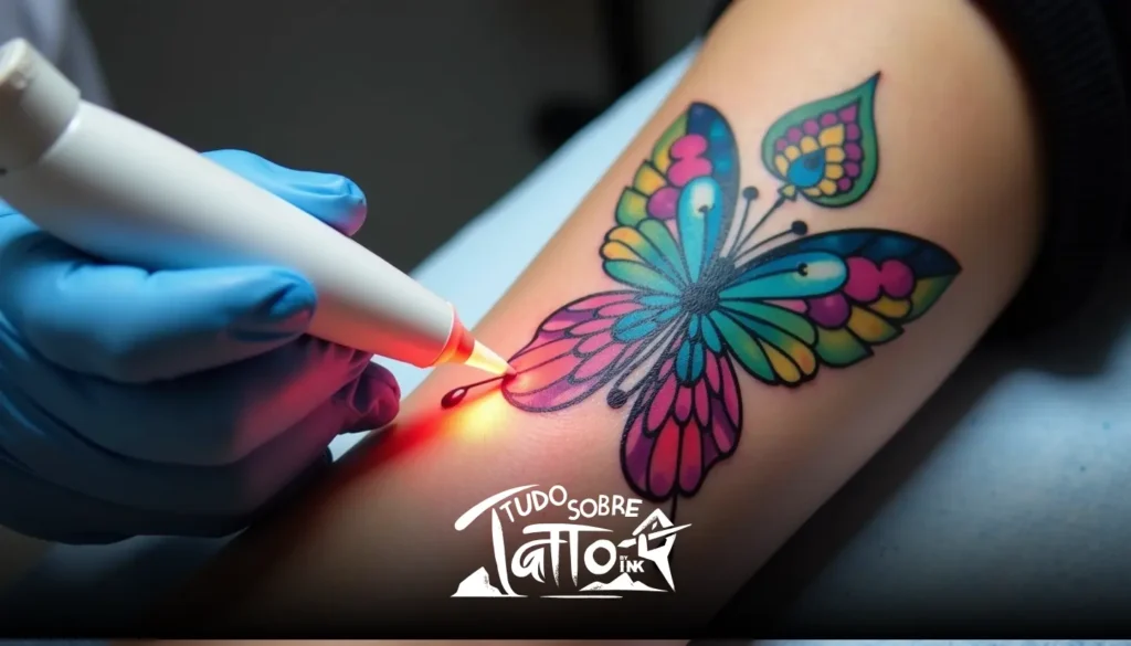 Uma tatuagem colorida de borboleta em um braço está sendo removida com um laser, feito por uma pessoa usando luvas azuis.
