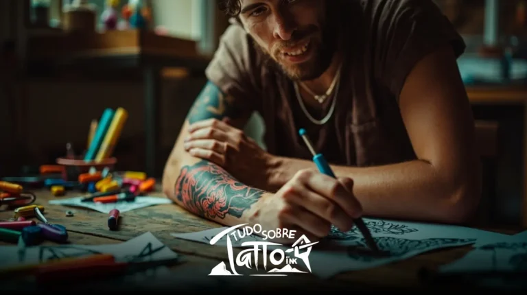 Um homem com um braço tatuado esboça desenhos em papel em uma mesa desorganizada com marcadores coloridos, sob o logotipo “Tudo Sobre Tattook.”.