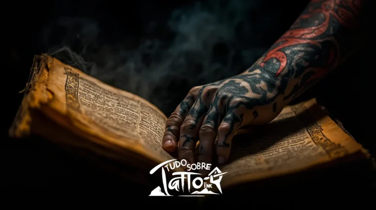Uma mão tatuada repousa sobre as páginas de um livro velho e desgastado com fumaça subindo ao fundo; o logotipo na parte inferior diz "Tudo Sobre Tattoo Ink".