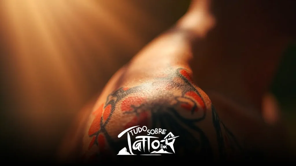 Um close do ombro de uma pessoa com uma tatuagem colorida, parcialmente fora de foco, e o texto "Tudo Sobre Tattoo Ink" sobreposto na parte inferior.