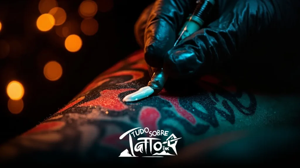 Um tatuador usando luvas pretas aplica tinta na pele de uma pessoa, criando uma tatuagem colorida. O texto "Tudo Sobre Tinta de Tatuagem" aparece na parte inferior.