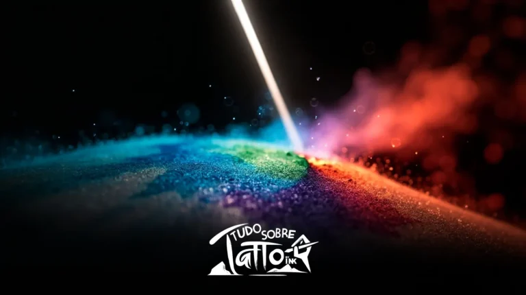 Um feixe de laser desenha uma linha através de uma superfície colorida e pulverulenta, criando um efeito de arco-íris; o logotipo “Tudo Sobre Tattoo Ink” aparece na parte inferior central.