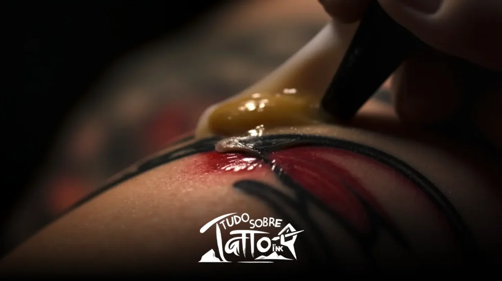 Close de uma área tatuada com pomada sendo aplicada com a mão enluvada. O desenho da tatuagem tem tinta preta e vermelha. O logotipo "Tudo Sobre Tattoo Ink" aparece na parte inferior.
