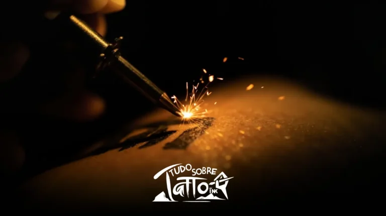 Um close de uma máquina de tatuagem criando uma tatuagem na pele, com faíscas voando; o logotipo "Tudo Sobre Tattoo Ink" é visível na parte inferior.